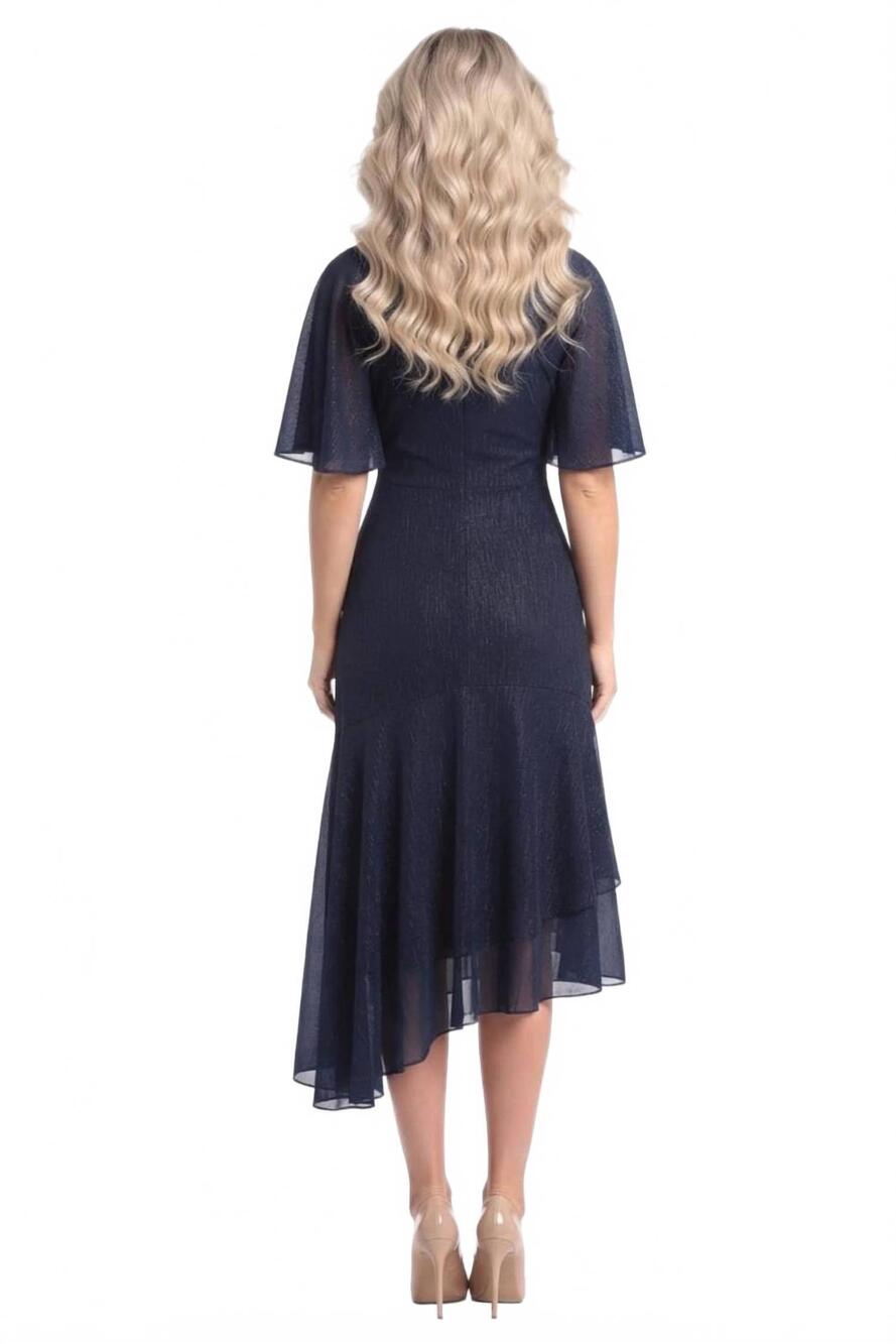 NEW MAGGY LONDON metallic chiffon twist mock neck midi dress in royal navy - Picture 2 of 2